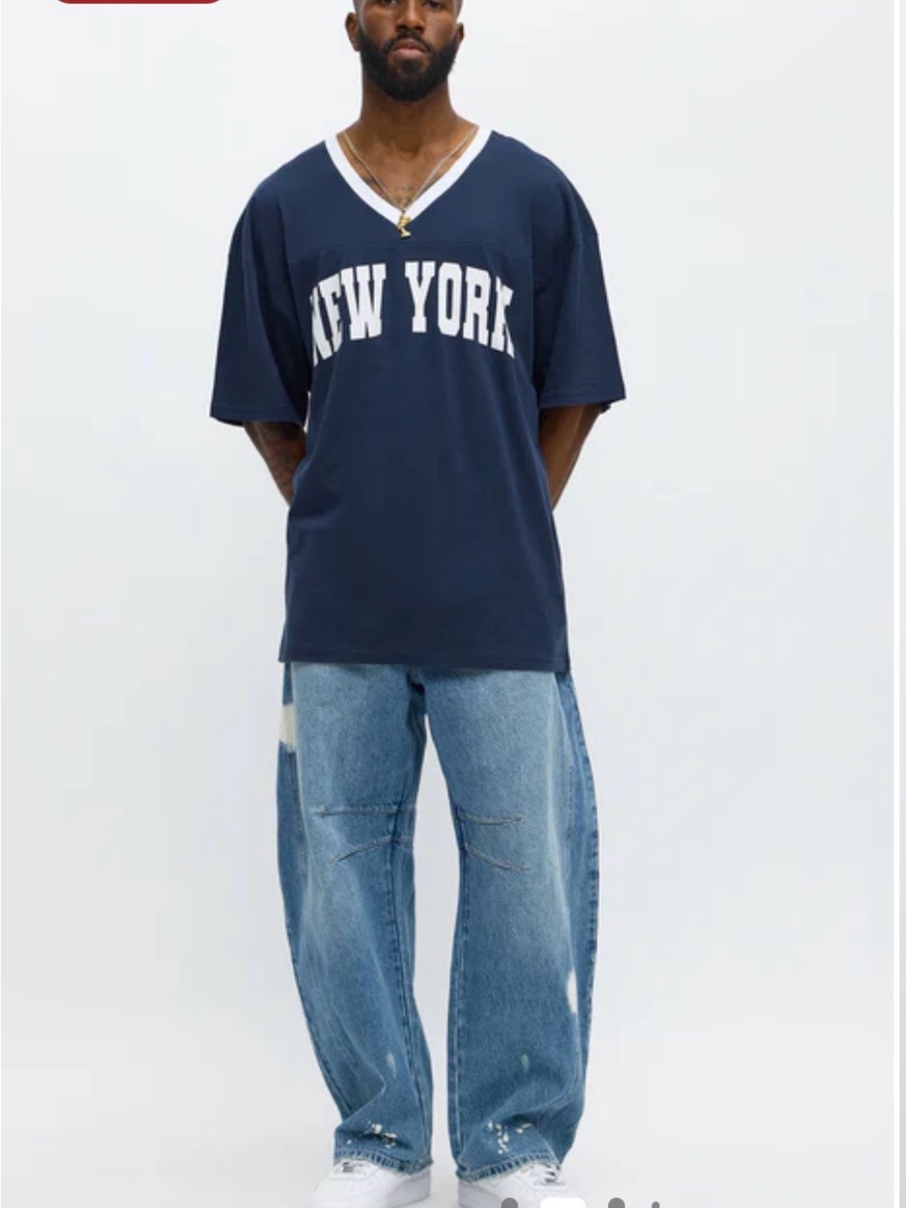 Fashion Nova Navy V‑Neck 'New York' Short Sleeve Tee with White Lettering